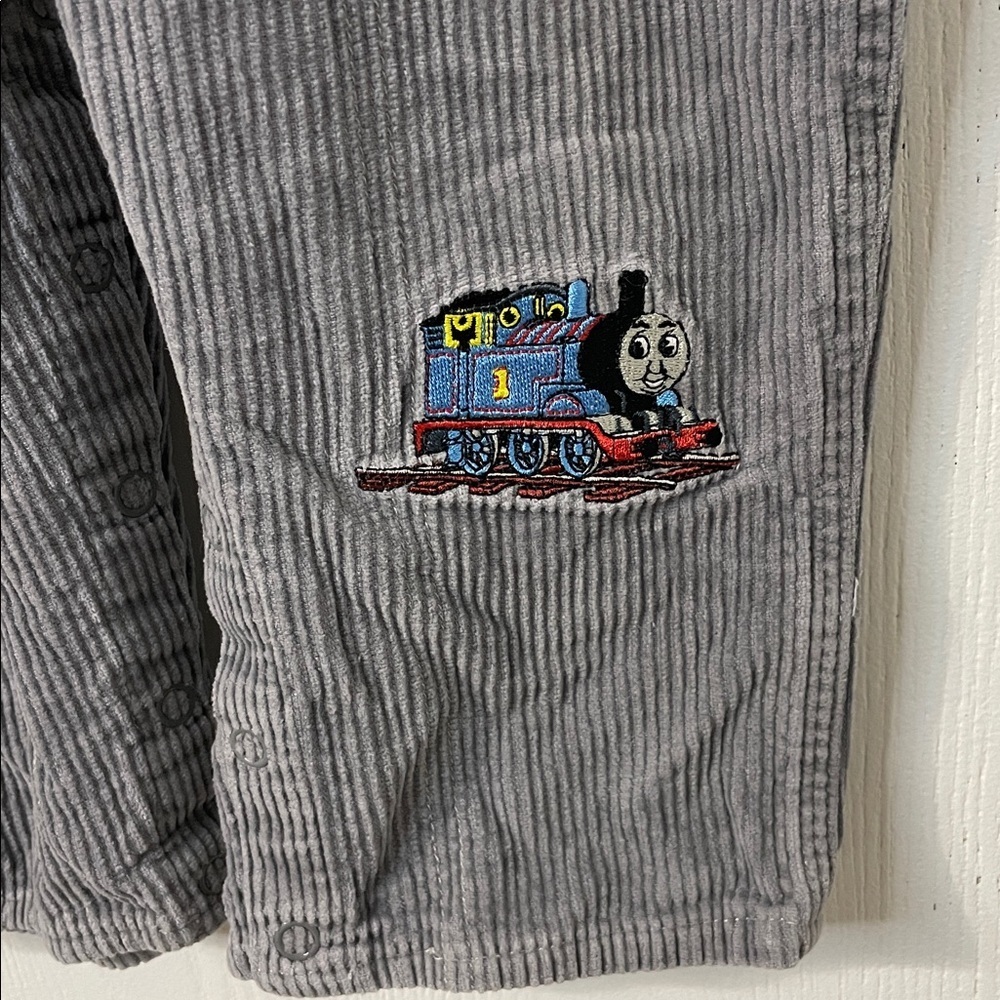 Thomas & Friends Like New Corduroy Gray Overall Bibs Train Embroidery Size 12 Mo - Picture 3 of 9